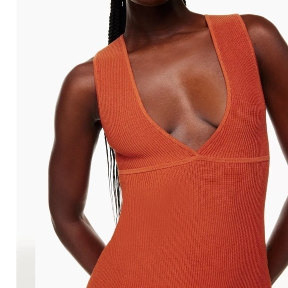 Aritzia Babaton Deep V Dress Ribbed Sleeveless Mini Pumpkin Orange Size Large - Picture 8 of 16